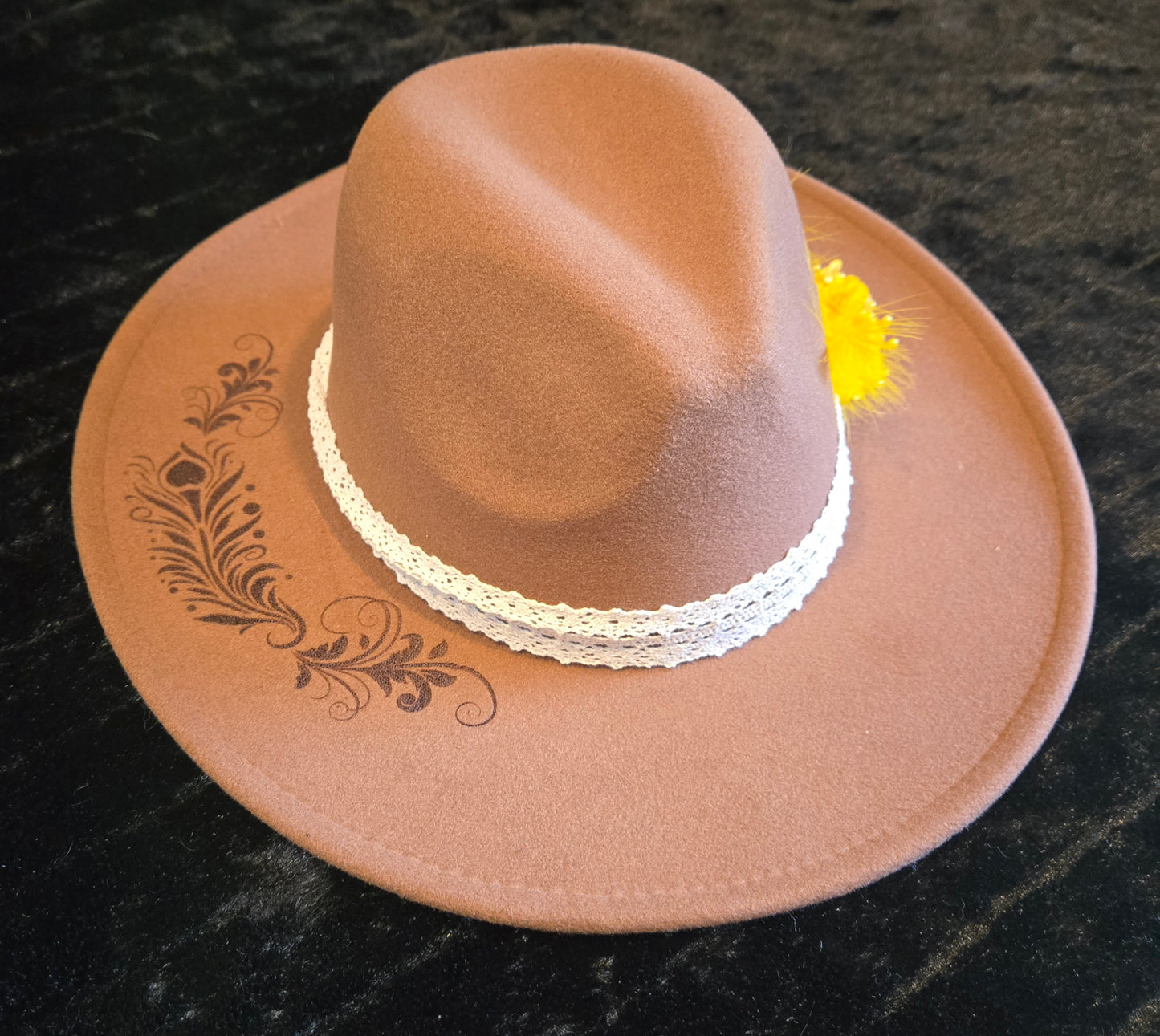 Flourish with yellow and black feathers Engraved Hat