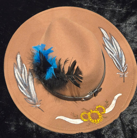 Engraved Sunflowers with Steer horns and painted feathers