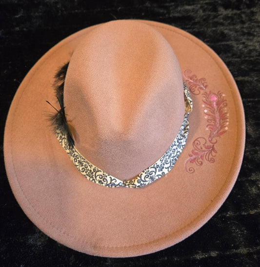 Flourish pink with fabric headband Black feather Engraved Hat